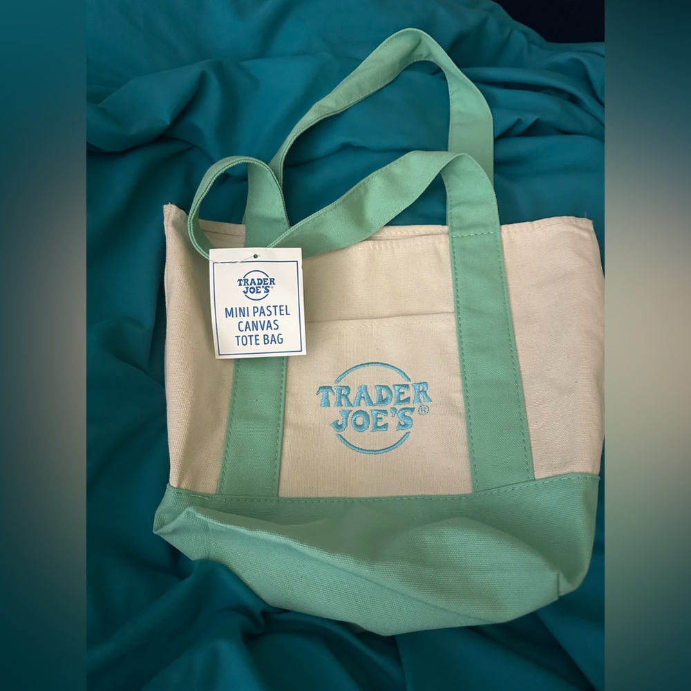 NEW!Trader Joe's Mini Pastel Canvas Tote Bag - Mint & Cream